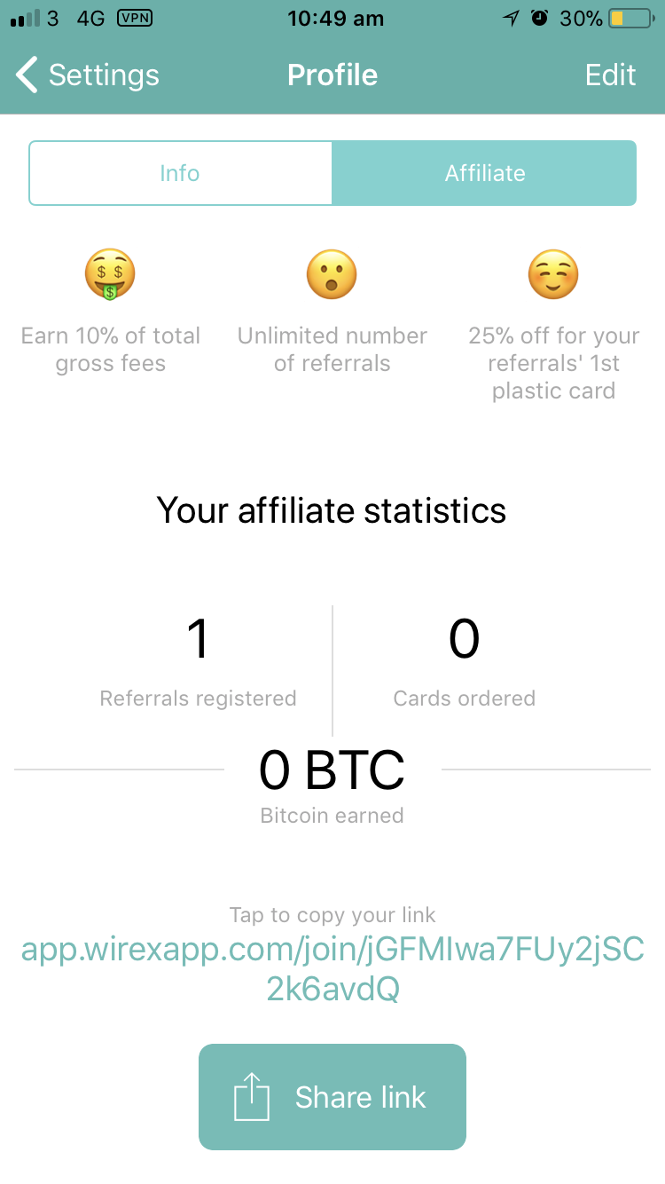 The affiliate page on the wirex app